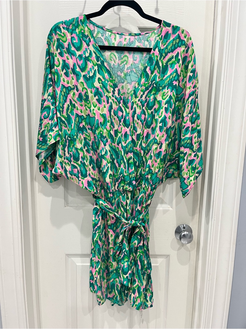 Women's Green & Pink Printed V-Neck Tie-Waist Romper